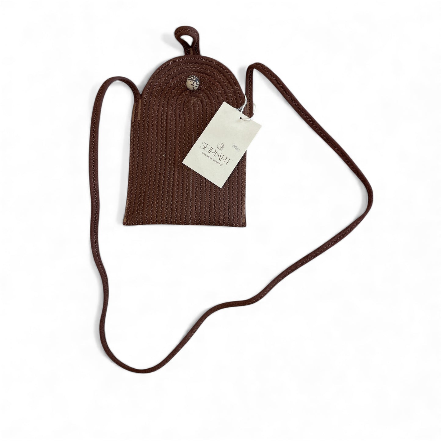 Portacellulare tracolla marrone vista frontale design minimalista elegante