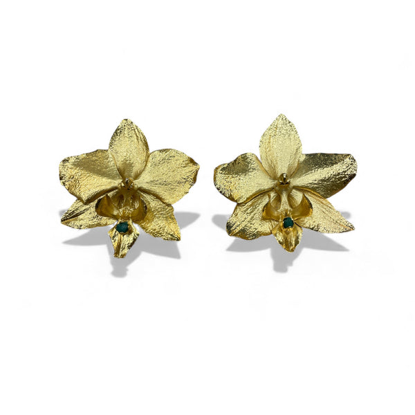 Orecchini Orchidea Oro 24k con Smeraldi Colombiani - CARU Bogotá