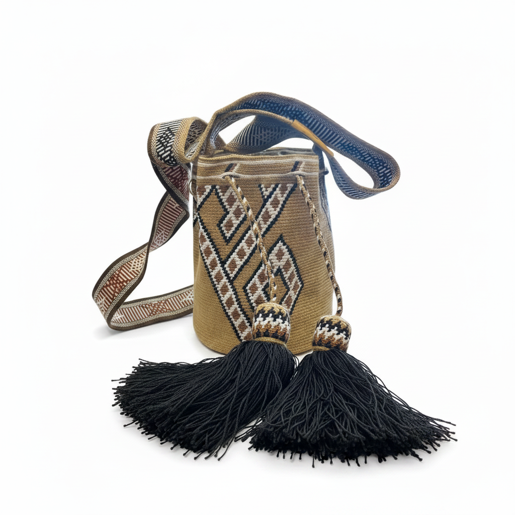 borsa mochila wayuu a tracolla con pompom