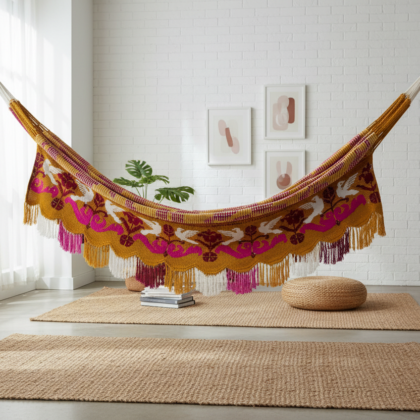 Amaca Chinchorro Wayuù Deluxe senape in ambiente moderno artigianato colombiano